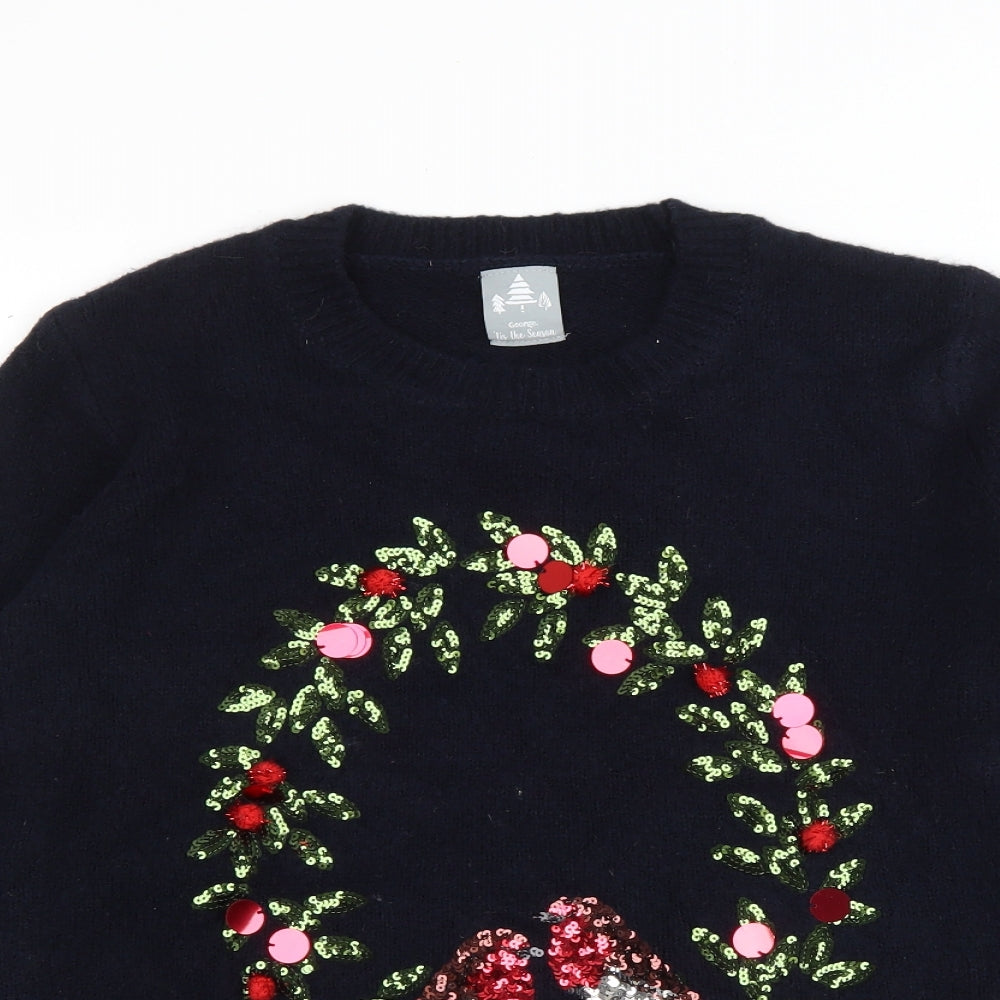 George Womens Black Round Neck Acrylic Pullover Jumper Size S - Christmas Wreath