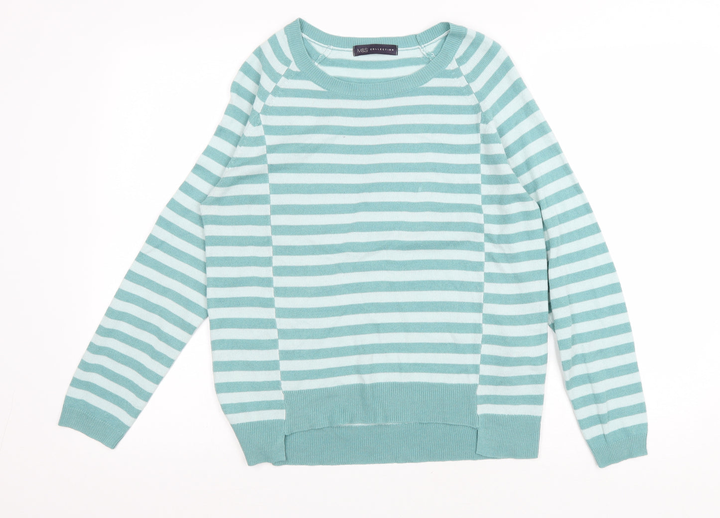 Marks and Spencer Womens Green Scoop Neck Striped Acrylic Pullover Jumper Size 10