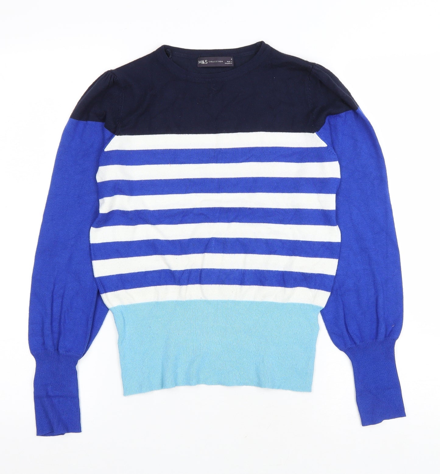 Marks and Spencer Womens Blue Round Neck Striped Viscose Pullover Jumper Size 6