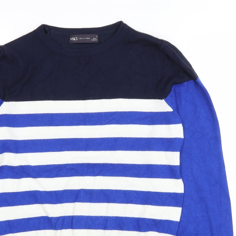Marks and Spencer Womens Blue Round Neck Striped Viscose Pullover Jumper Size 6