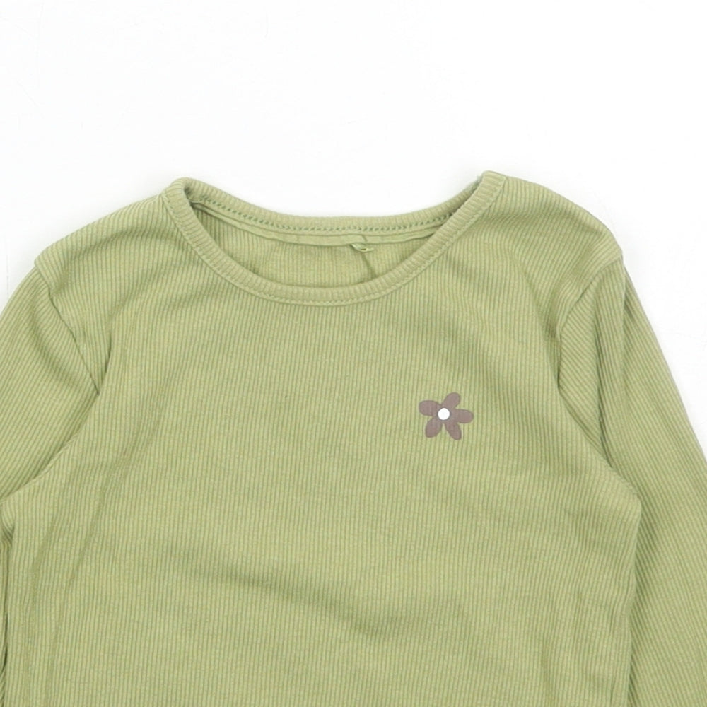 George Girls Green Cotton Basic T-Shirt Size 2-3 Years Round Neck Pullover - Ribbed, Flower