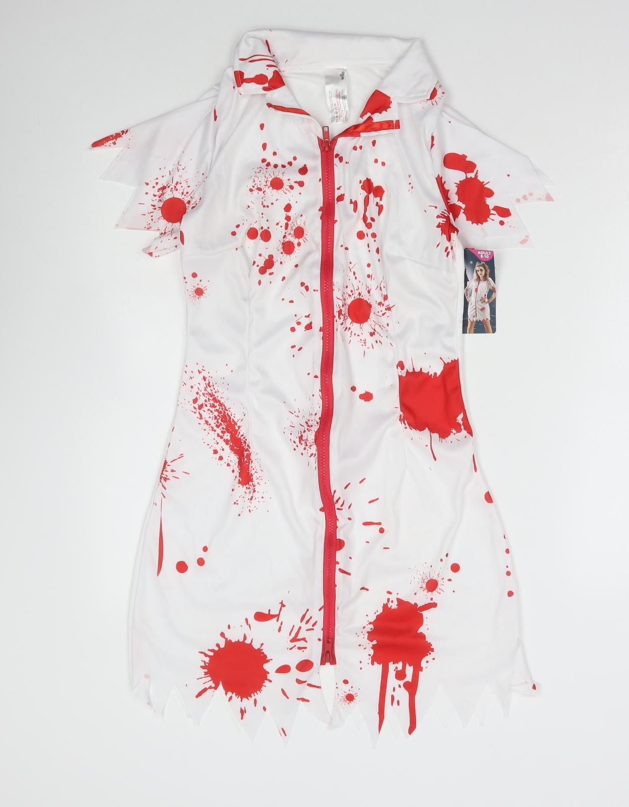 WILKO Womens White Geometric Polyester Mini Size 8 Collared Zip - Nurse Halloween Fancy dress