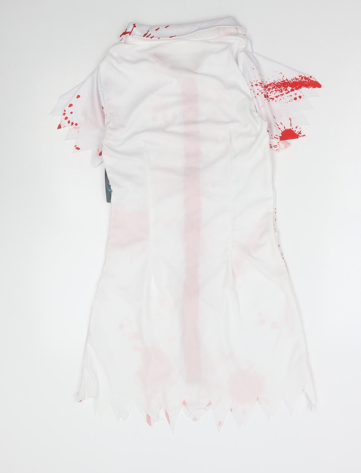 WILKO Womens White Geometric Polyester Mini Size 8 Collared Zip - Nurse Halloween Fancy dress