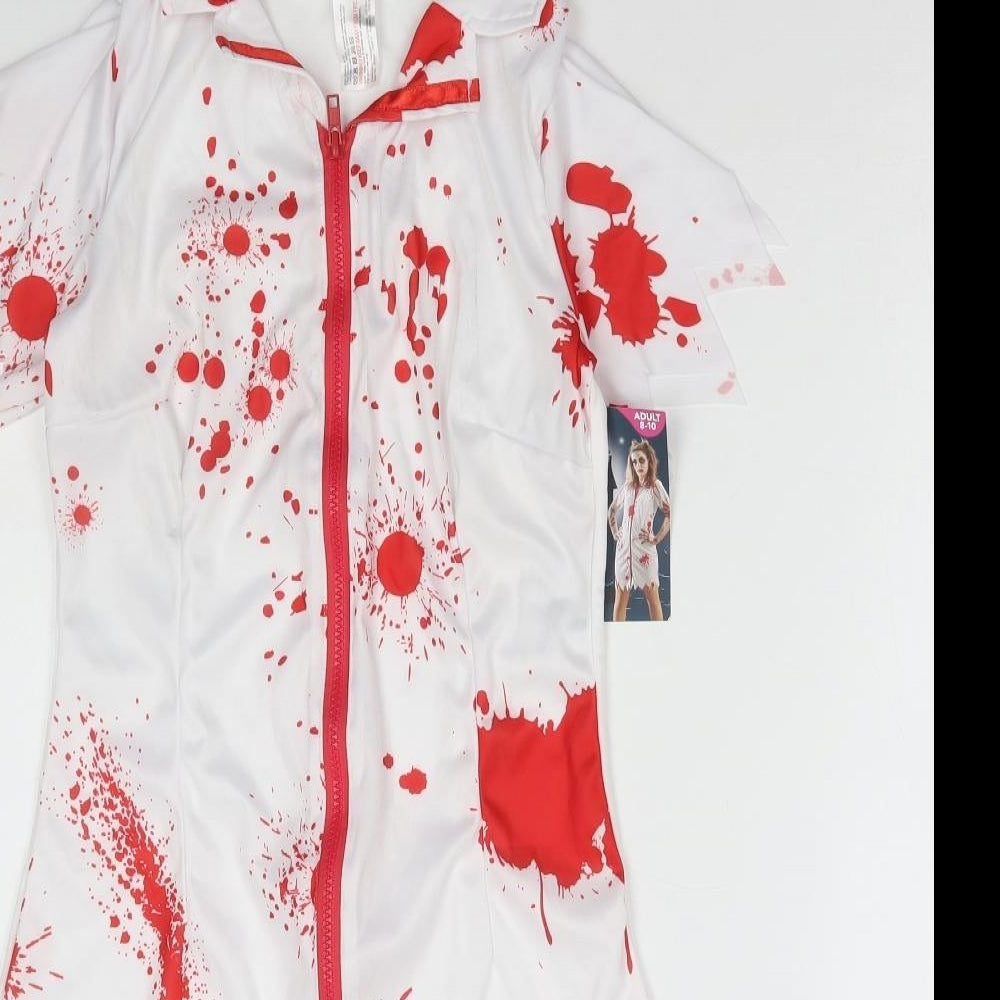 WILKO Womens White Geometric Polyester Mini Size 8 Collared Zip - Nurse Halloween Fancy dress