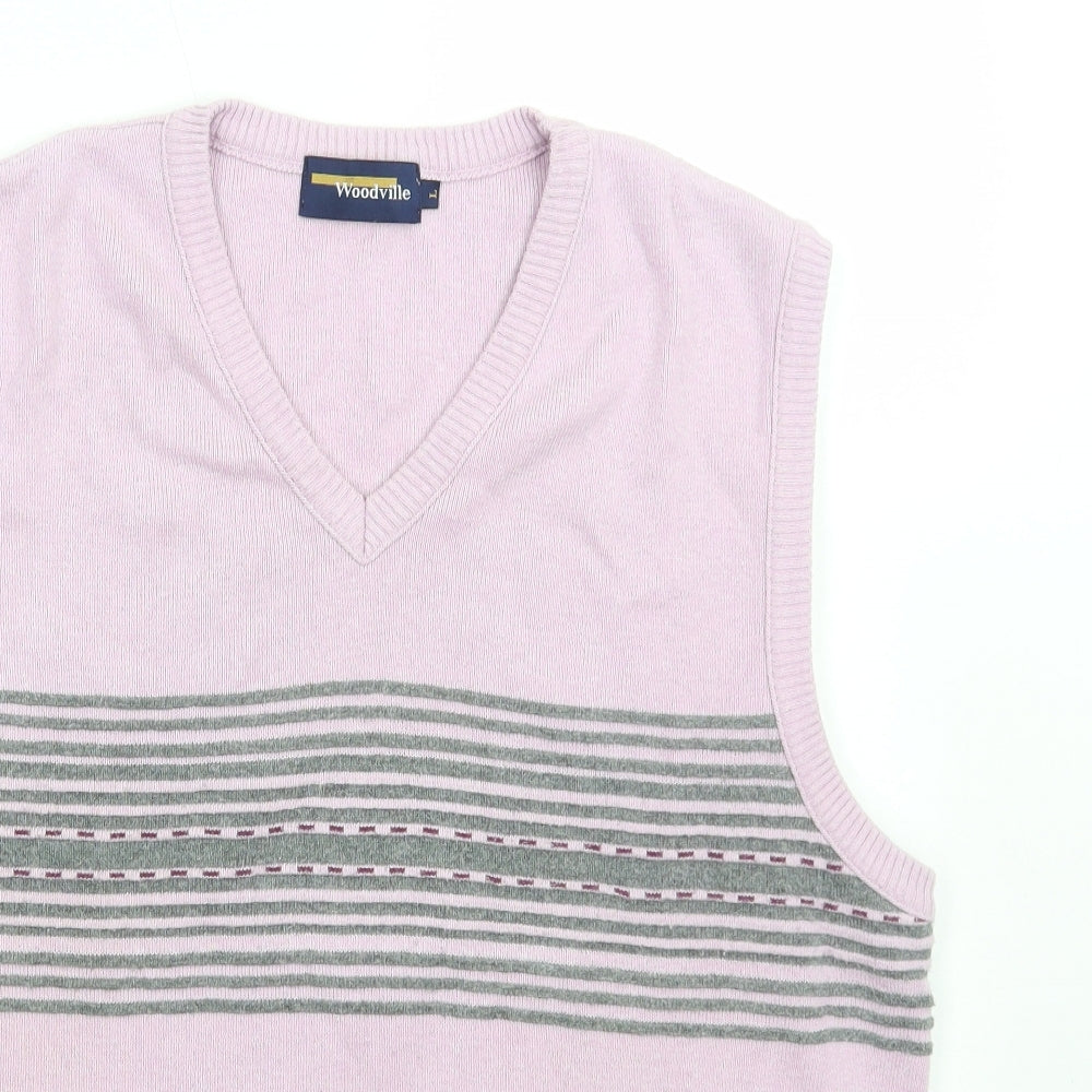 Woodville Mens Purple V-Neck Striped Cotton Vest Jumper Size L
