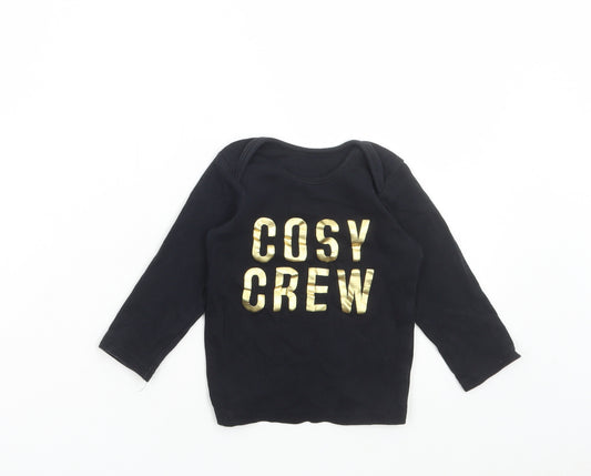Front view of George Baby Black Cotton Basic T-Shirt, size 12-18, Months Round Neck Pullover - Cosy Crew