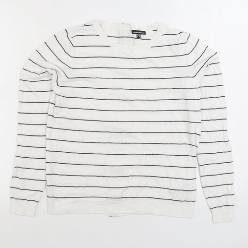 Warehouse Womens White Round Neck Striped Viscose Full Zip Jumper Size 12