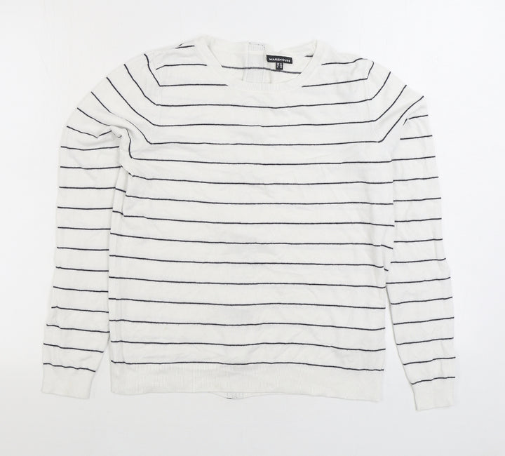 Warehouse Womens White Round Neck Striped Viscose Full Zip Jumper Size 12