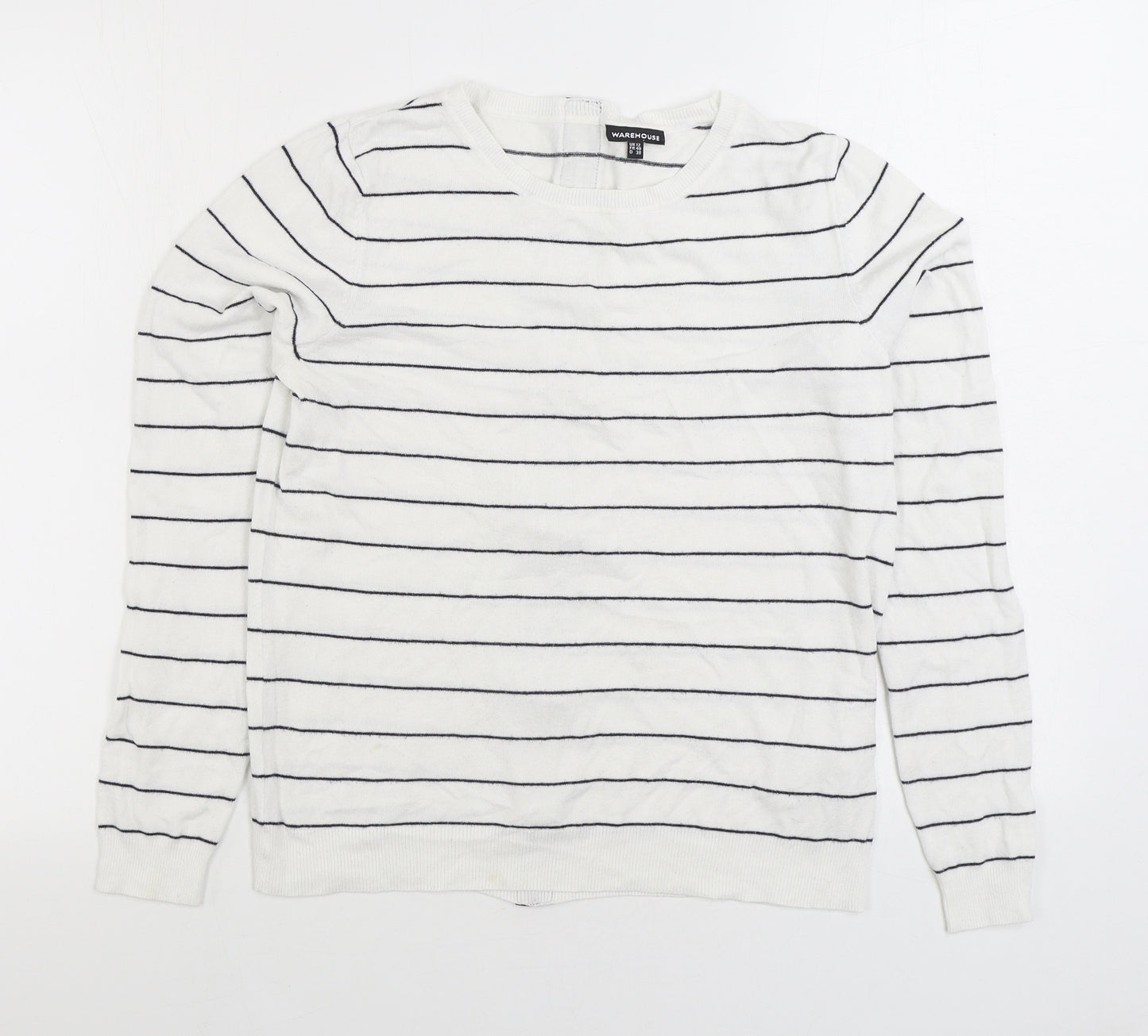 Warehouse Womens White Round Neck Striped Viscose Full Zip Jumper Size 12