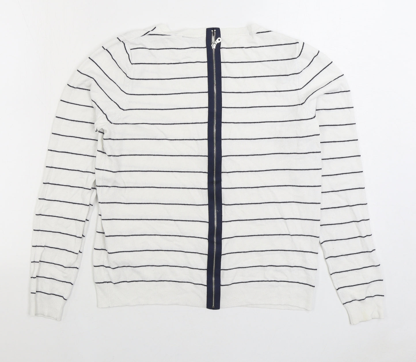 Warehouse Womens White Round Neck Striped Viscose Full Zip Jumper Size 12