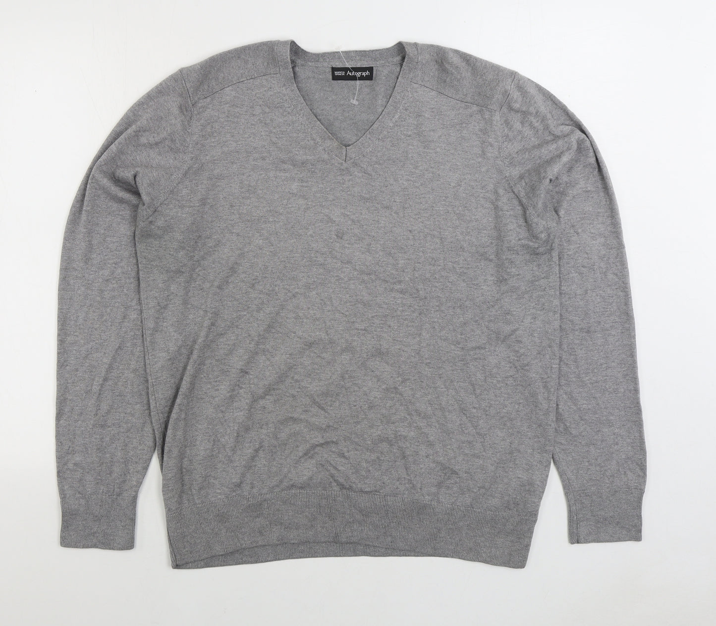 Marks and Spencer Mens Grey V-Neck Cotton Pullover Jumper Size L