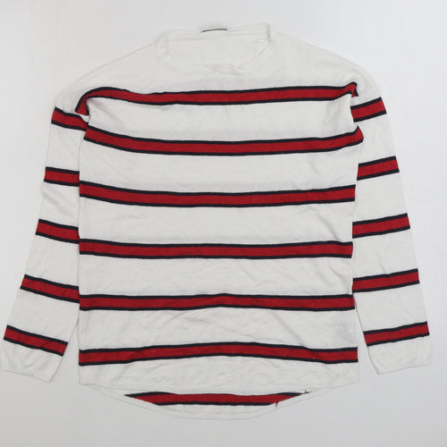 Beloved Womens White Round Neck Striped Viscose Pullover Jumper Size S