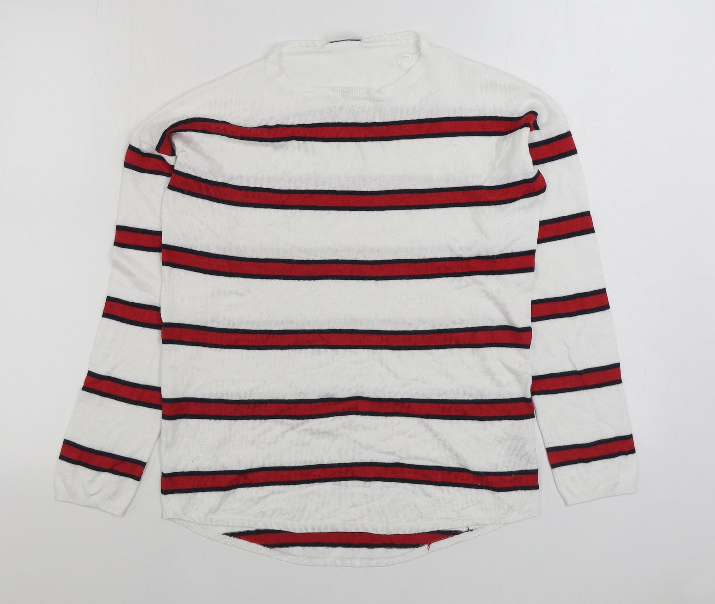 Beloved Womens White Round Neck Striped Viscose Pullover Jumper Size S
