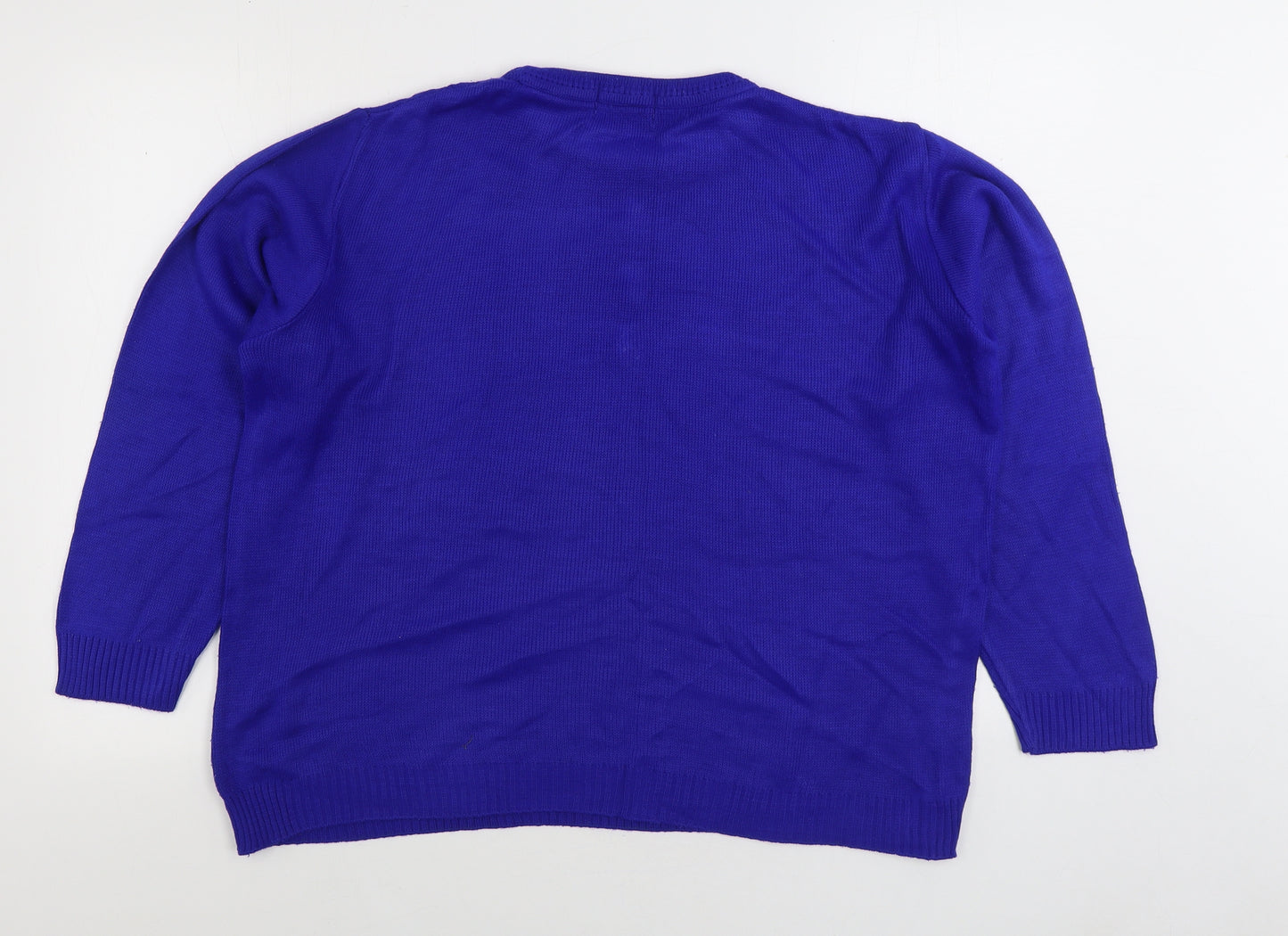 Merry Gold Womens Blue Round Neck Floral Acrylic Pullover Jumper Size L