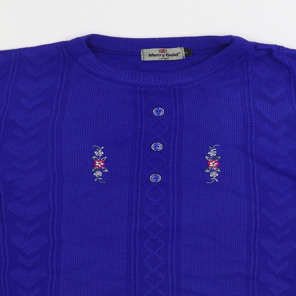Merry Gold Womens Blue Round Neck Floral Acrylic Pullover Jumper Size L