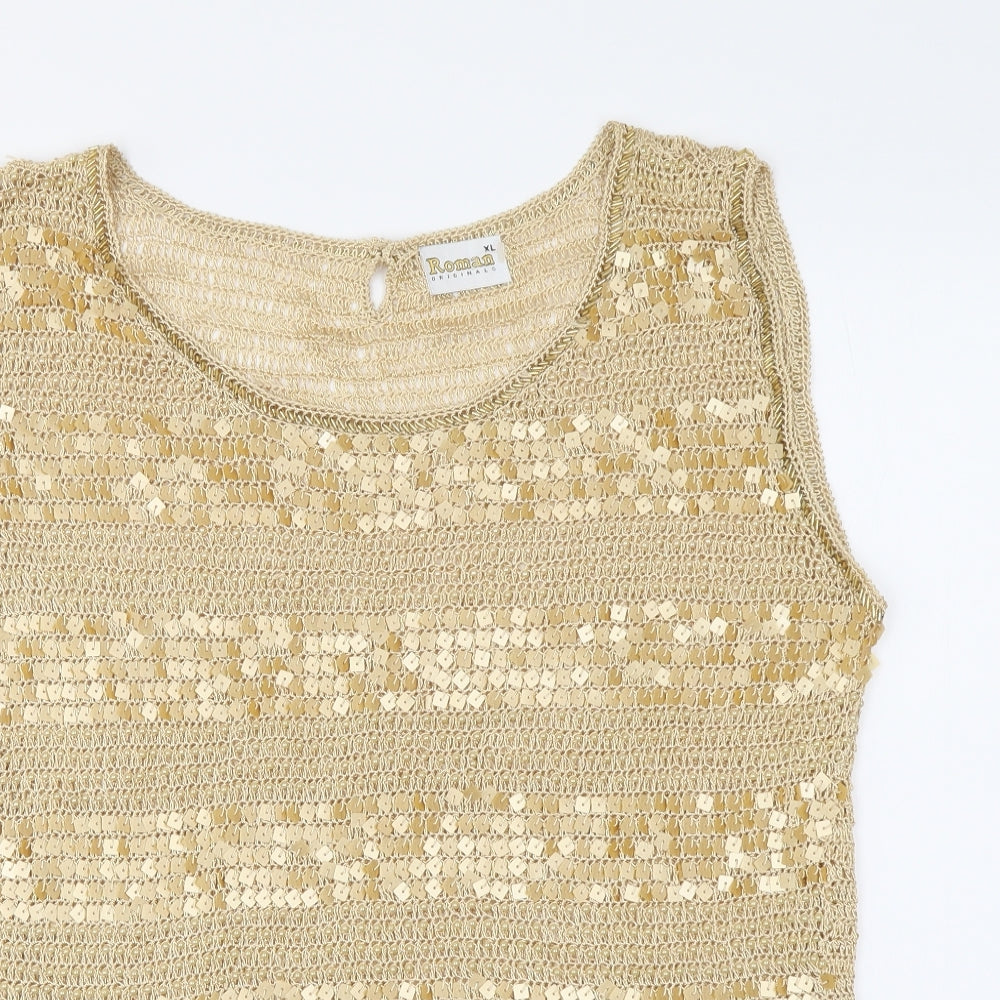Roman Womens Gold Polyester Basic Tank Size XL Round Neck