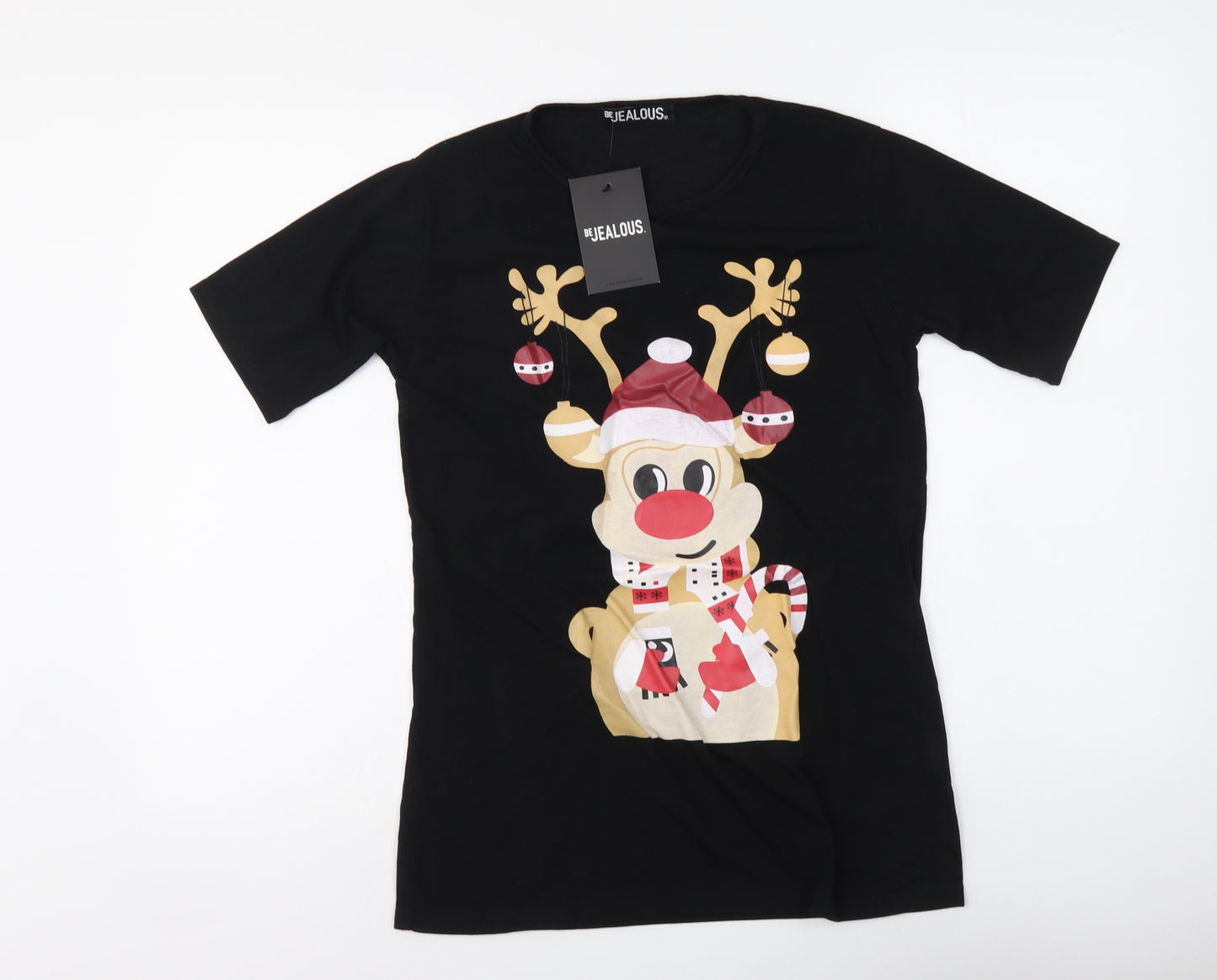 Be Jealous Womens Black Polyester Basic T-Shirt Size 16 Round Neck - Reindeer print