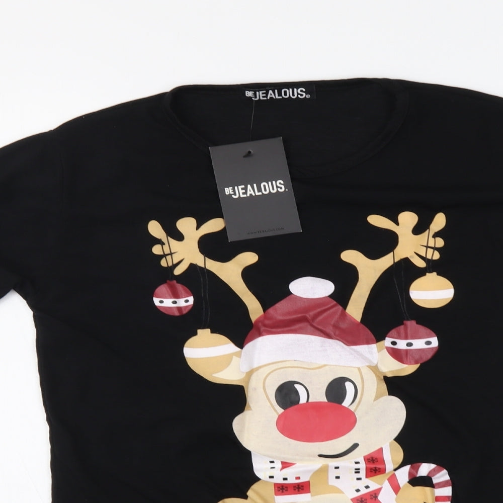 Be Jealous Womens Black Polyester Basic T-Shirt Size 16 Round Neck - Reindeer print