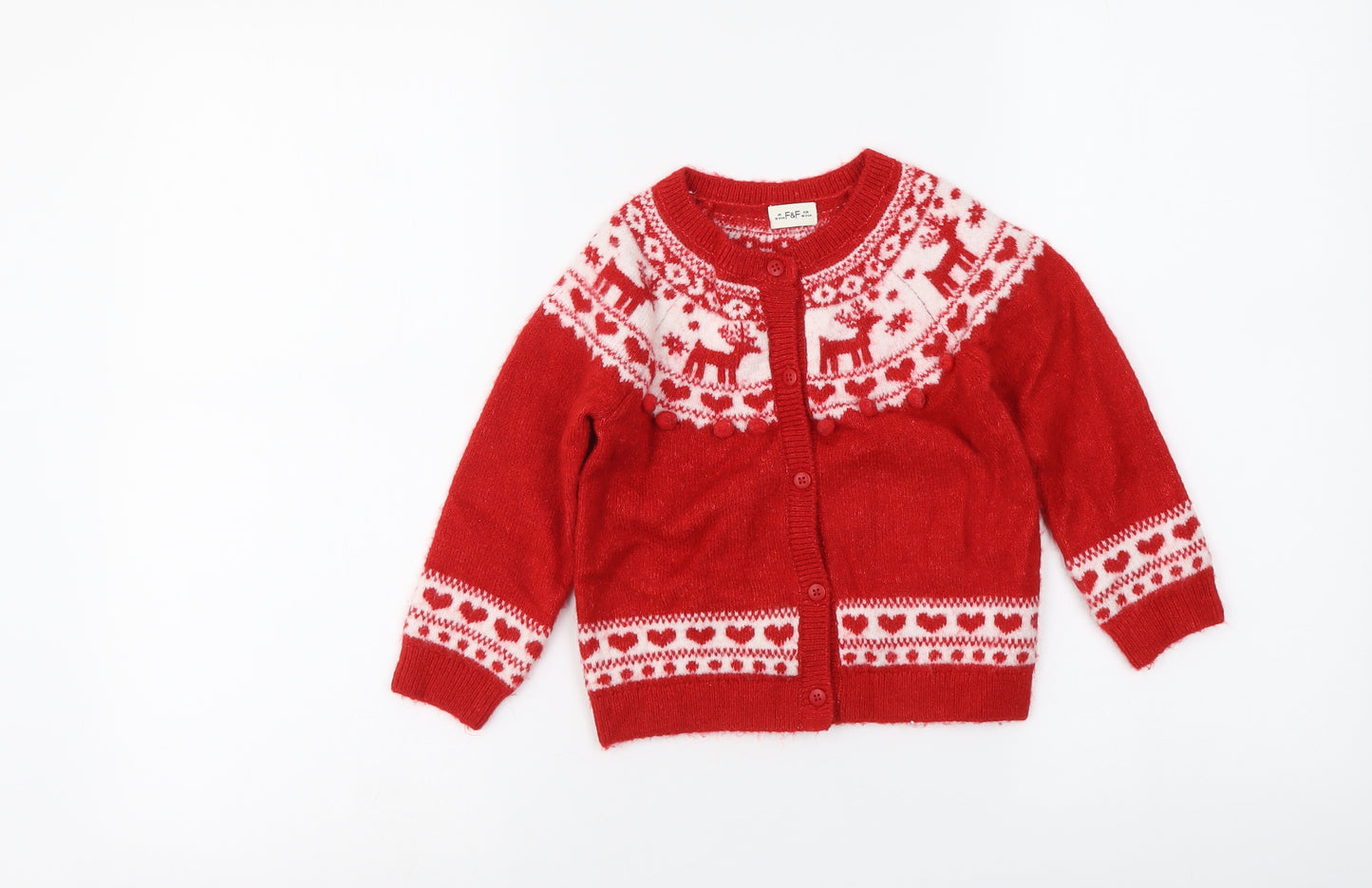 F&F Girls Red Geometric Acrylic Cardigan Jumper Size 18-24 Months Button - Christmas