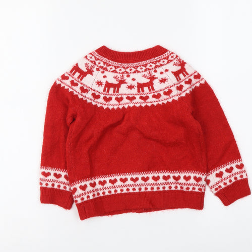 F&F Girls Red Geometric Acrylic Cardigan Jumper Size 18-24 Months Button - Christmas