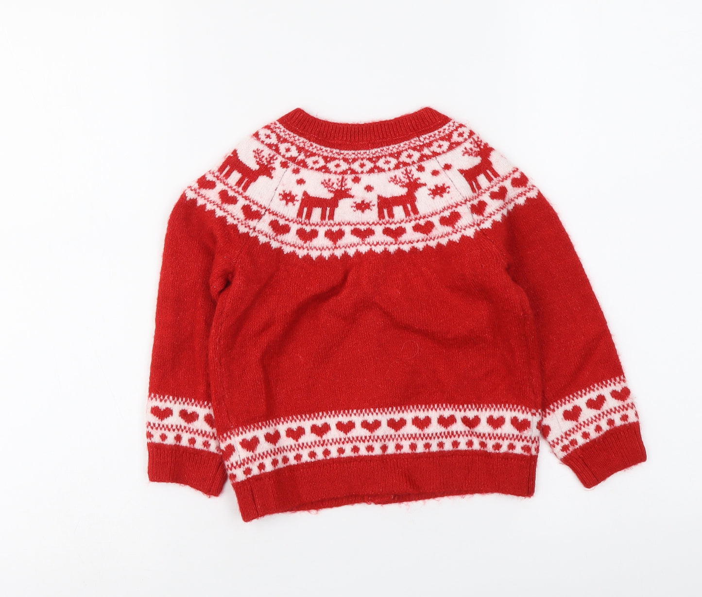 F&F Girls Red Geometric Acrylic Cardigan Jumper Size 18-24 Months Button - Christmas