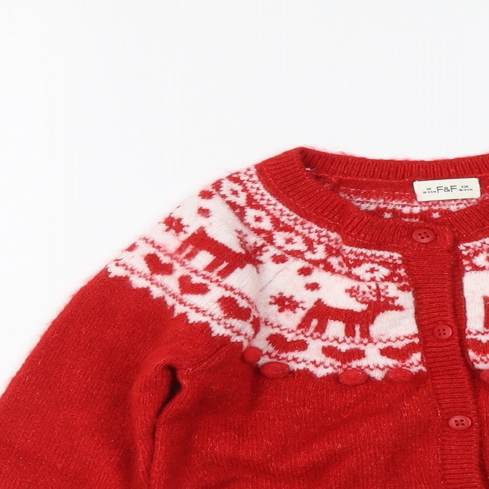 F&F Girls Red Geometric Acrylic Cardigan Jumper Size 18-24 Months Button - Christmas