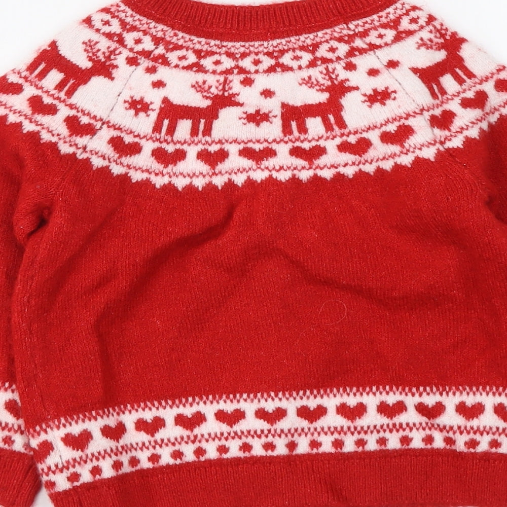 F&F Girls Red Geometric Acrylic Cardigan Jumper Size 18-24 Months Button - Christmas