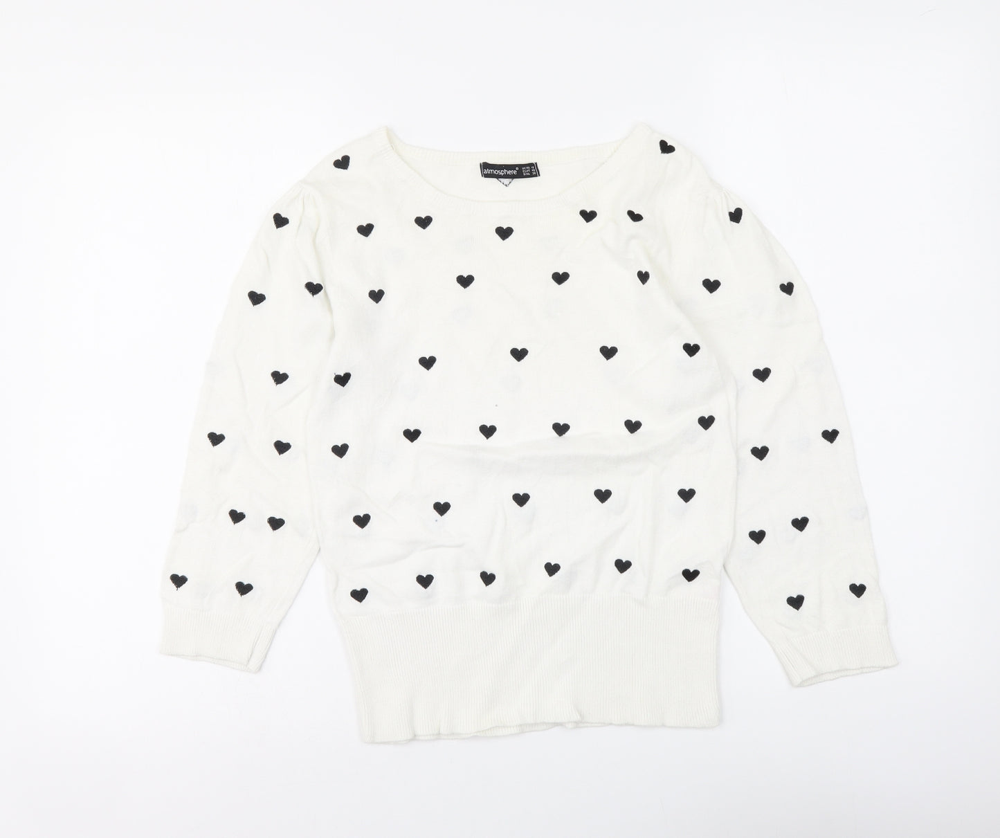 Atmosphere Womens White Round Neck Geometric Cotton Pullover Jumper Size 12 - Hearts