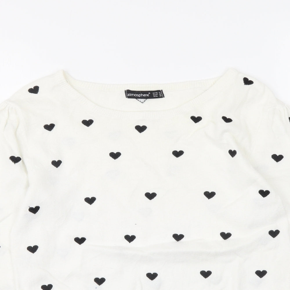 Atmosphere Womens White Round Neck Geometric Cotton Pullover Jumper Size 12 - Hearts