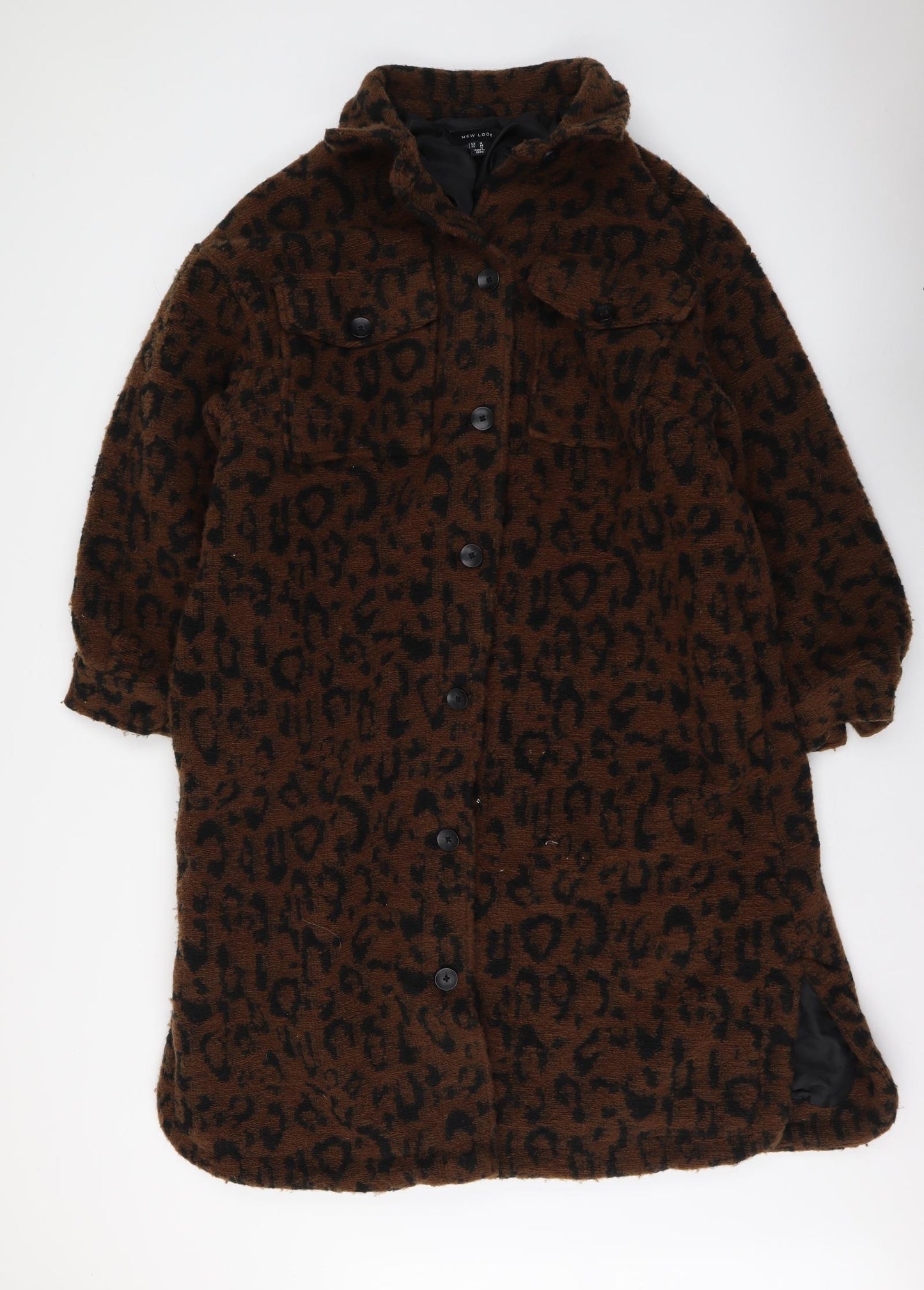 New Look Womens Brown Animal Print Overcoat Coat Size 16 Button