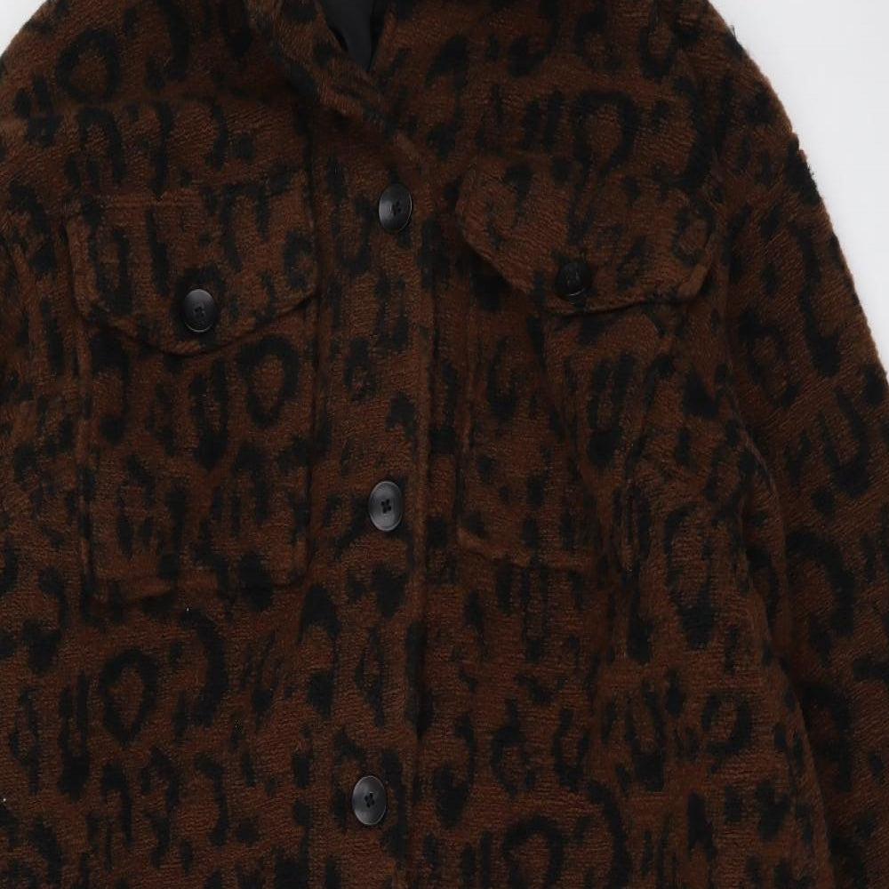 New Look Womens Brown Animal Print Overcoat Coat Size 16 Button