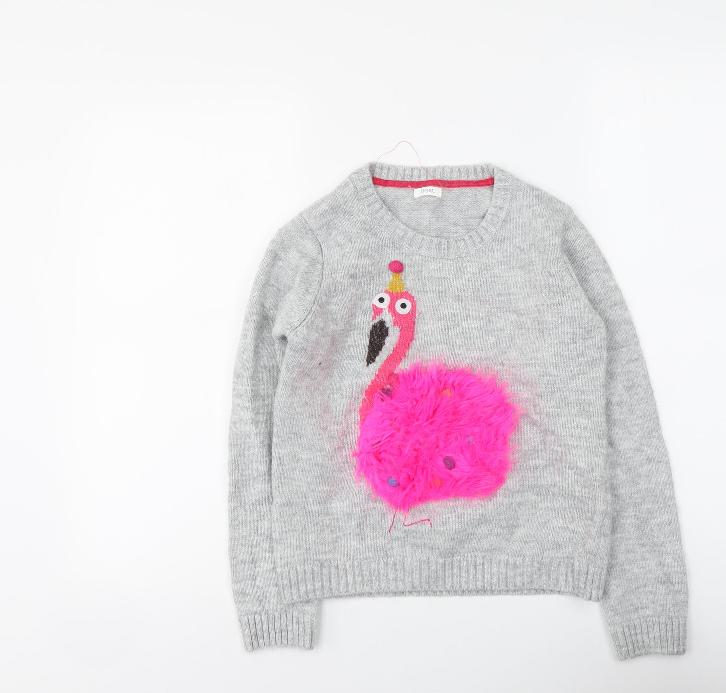 NEXT Girls Grey Round Neck Acrylic Pullover Jumper Size 12 Years Pullover - Flamingo