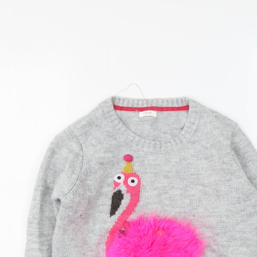 NEXT Girls Grey Round Neck Acrylic Pullover Jumper Size 12 Years Pullover - Flamingo