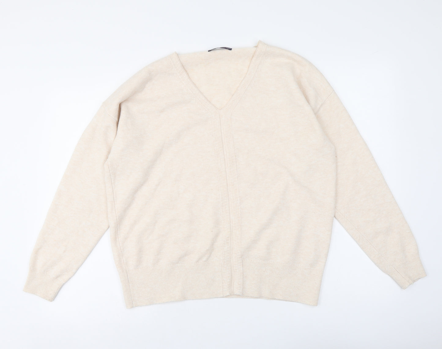 Marks and Spencer Womens Beige V-Neck Acrylic Henley Jumper Size 12