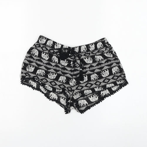 Primark Womens Black Geometric Viscose Hot Pants Shorts Size 6 Regular Drawstring