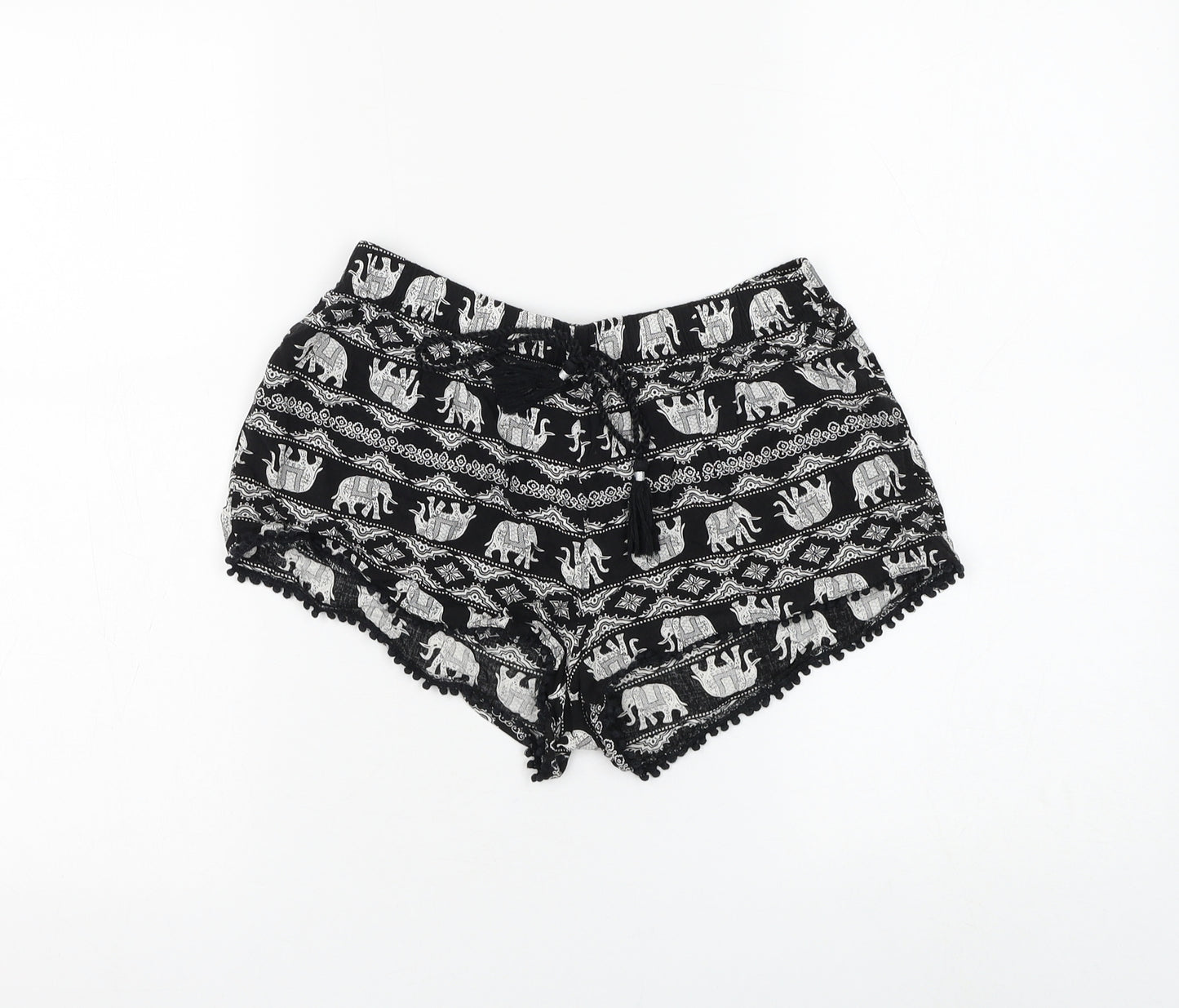 Primark Womens Black Geometric Viscose Hot Pants Shorts Size 6 Regular Drawstring