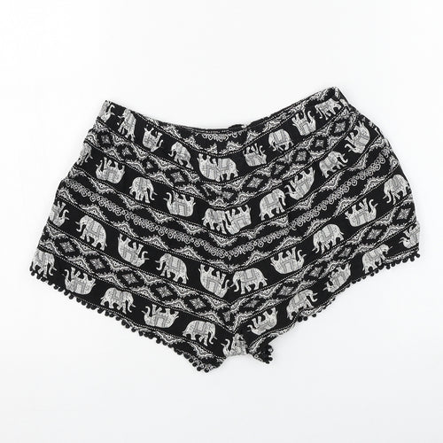 Primark Womens Black Geometric Viscose Hot Pants Shorts Size 6 Regular Drawstring