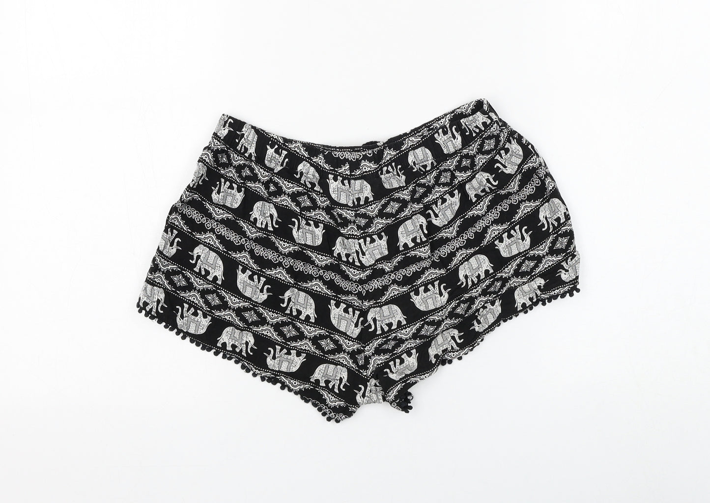 Primark Womens Black Geometric Viscose Hot Pants Shorts Size 6 Regular Drawstring