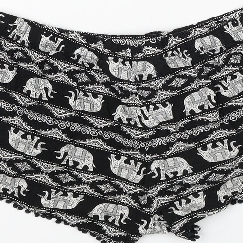 Primark Womens Black Geometric Viscose Hot Pants Shorts Size 6 Regular Drawstring