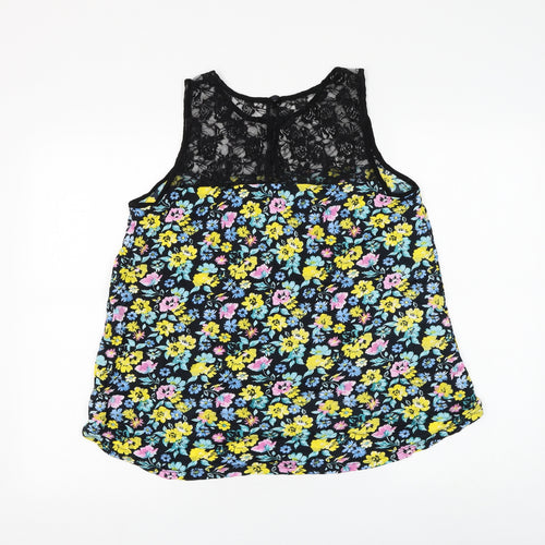 Preworn Womens Black Floral Polyester Basic Blouse Size M Round Neck - Lace Neckline