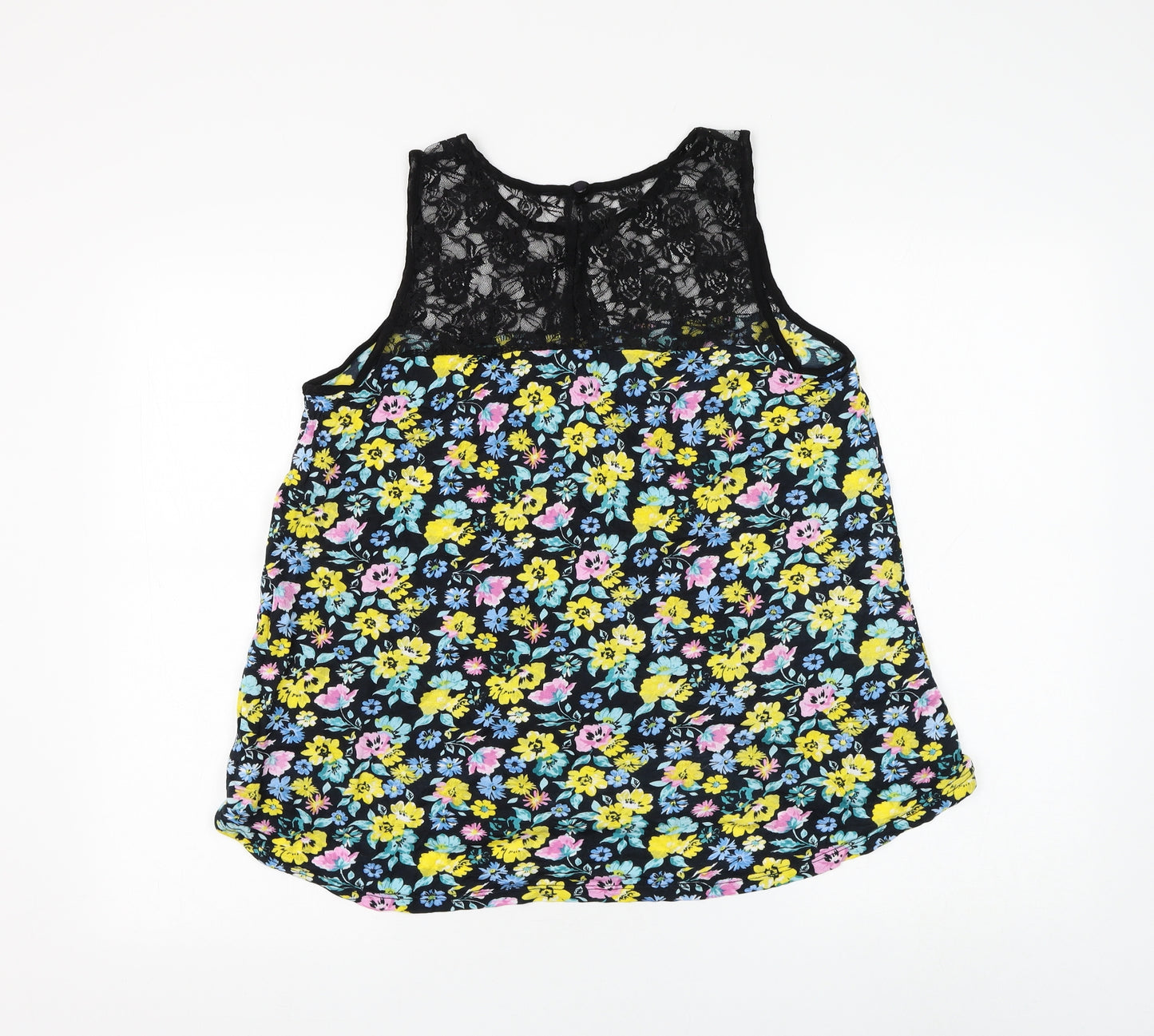 Preworn Womens Black Floral Polyester Basic Blouse Size M Round Neck - Lace Neckline