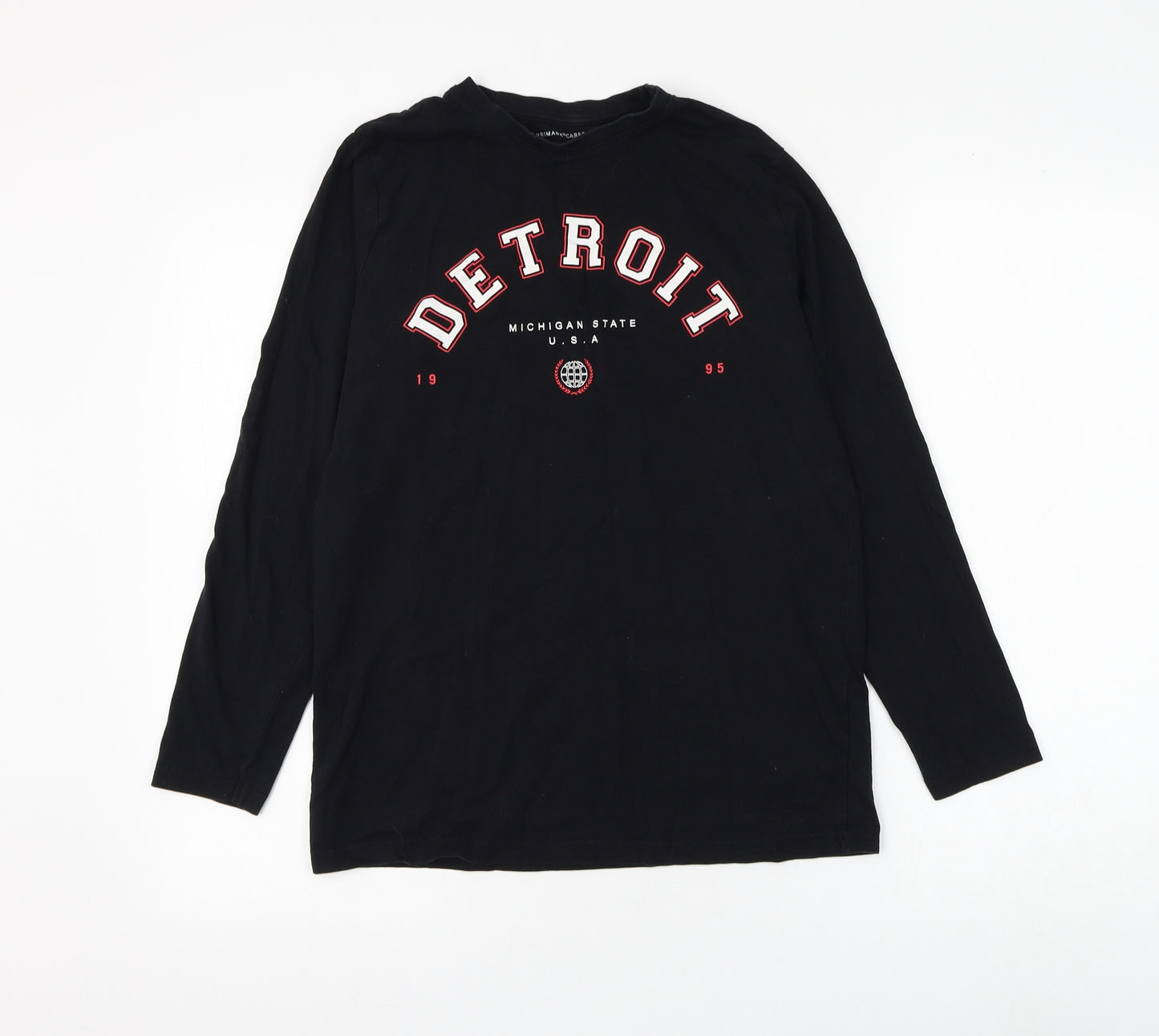 Primark Boys Black Cotton Basic T-Shirt Size 13-14 Years Round Neck Pullover - Detroit