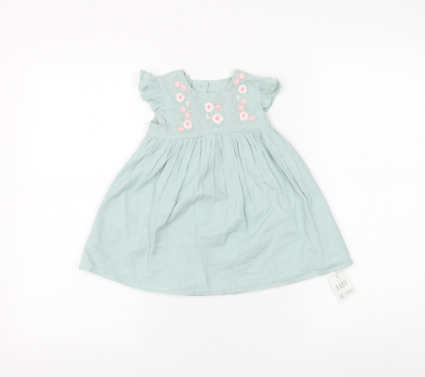 George Girls Green Floral Cotton A-Line Size 6-9 Months Round Neck Button - Flower
