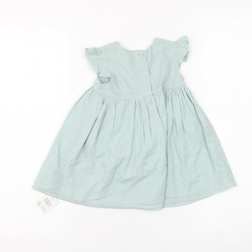 George Girls Green Floral Cotton A-Line Size 6-9 Months Round Neck Button - Flower