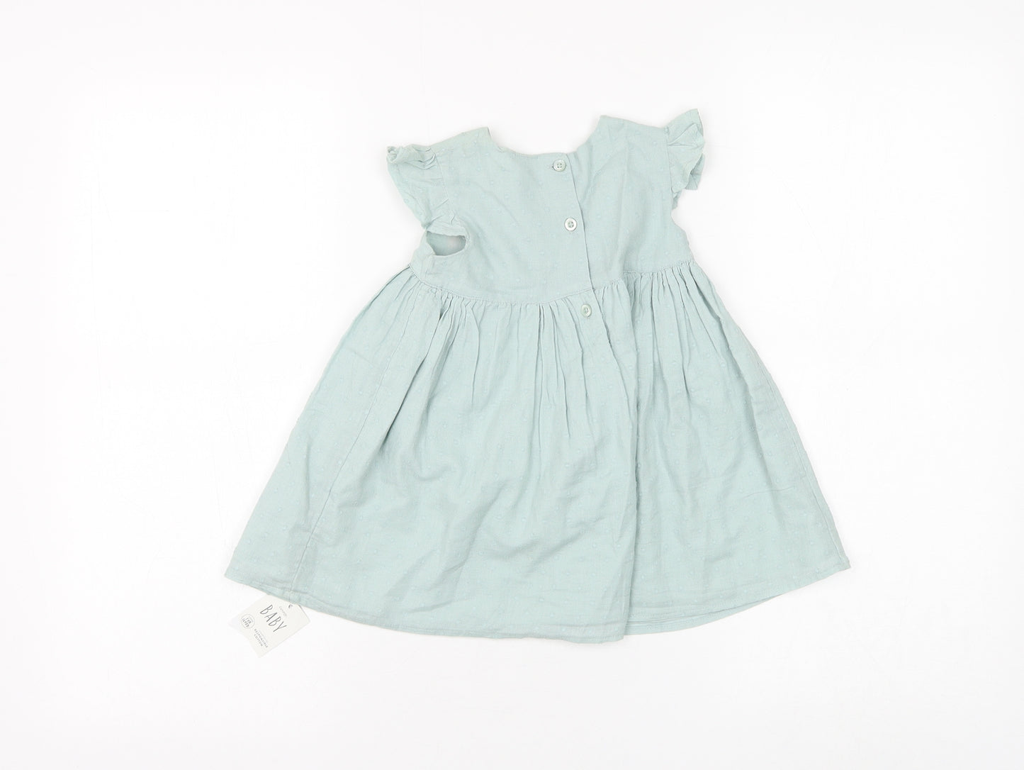 George Girls Green Floral Cotton A-Line Size 6-9 Months Round Neck Button - Flower