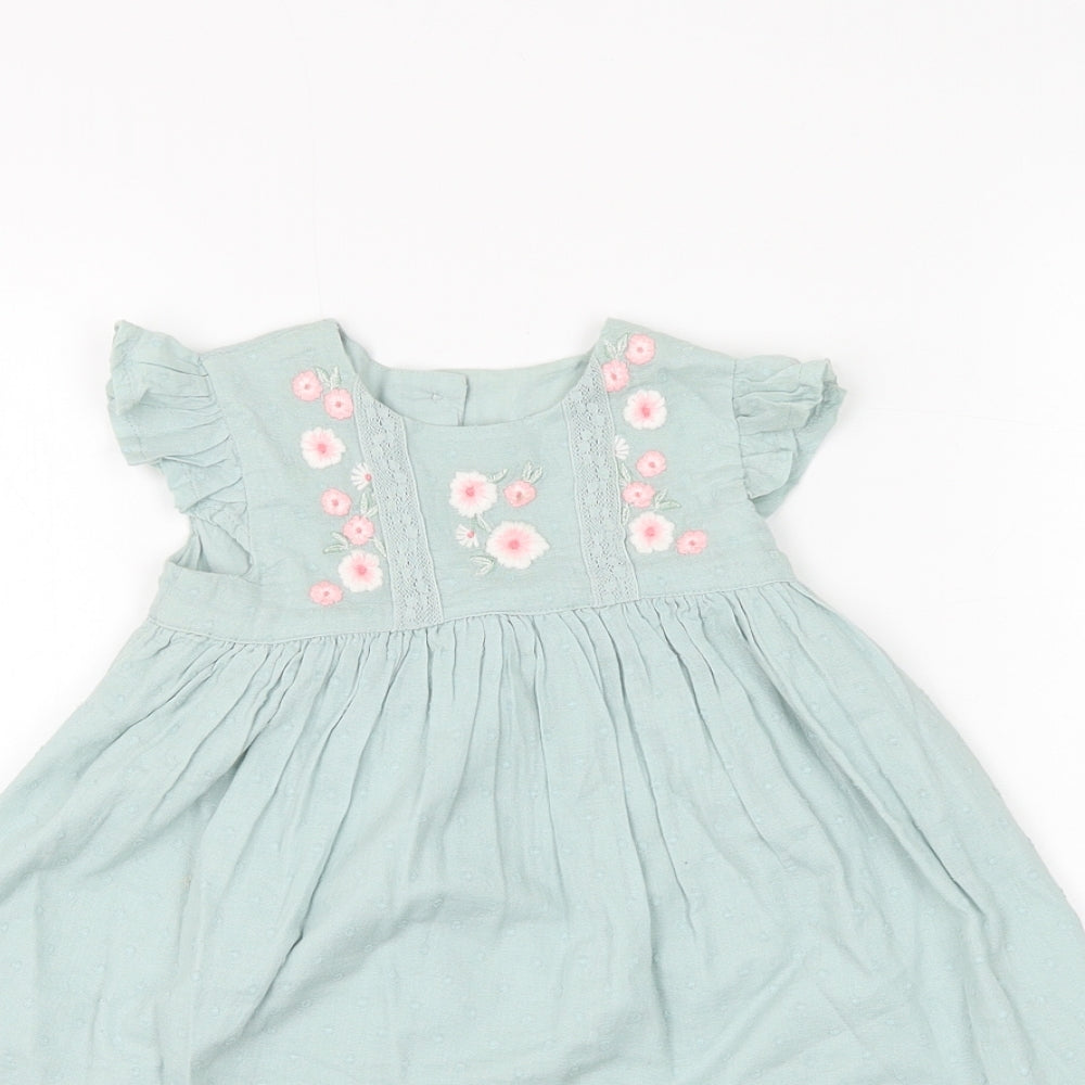 George Girls Green Floral Cotton A-Line Size 6-9 Months Round Neck Button - Flower