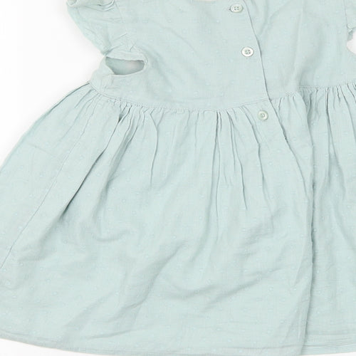 George Girls Green Floral Cotton A-Line Size 6-9 Months Round Neck Button - Flower