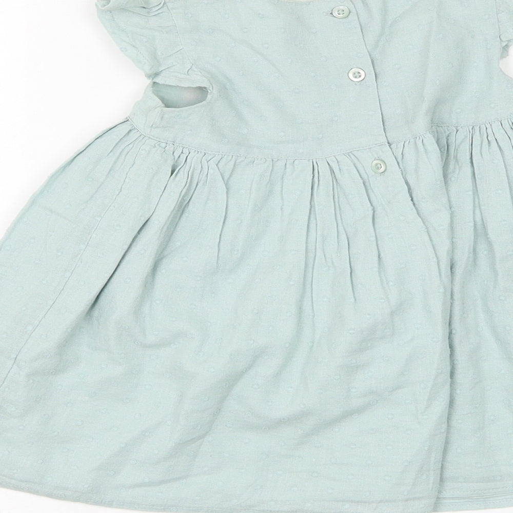 George Girls Green Floral Cotton A-Line Size 6-9 Months Round Neck Button - Flower
