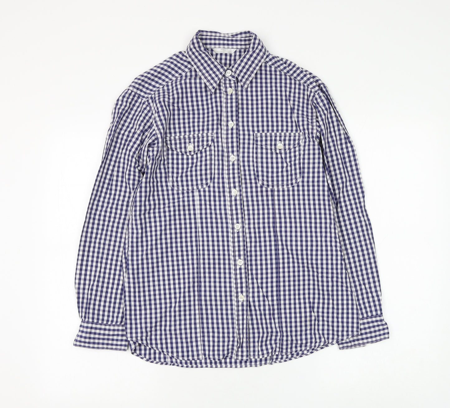 Marks and Spencer Womens Blue Check Cotton Basic Button-Up Size 10 Collared