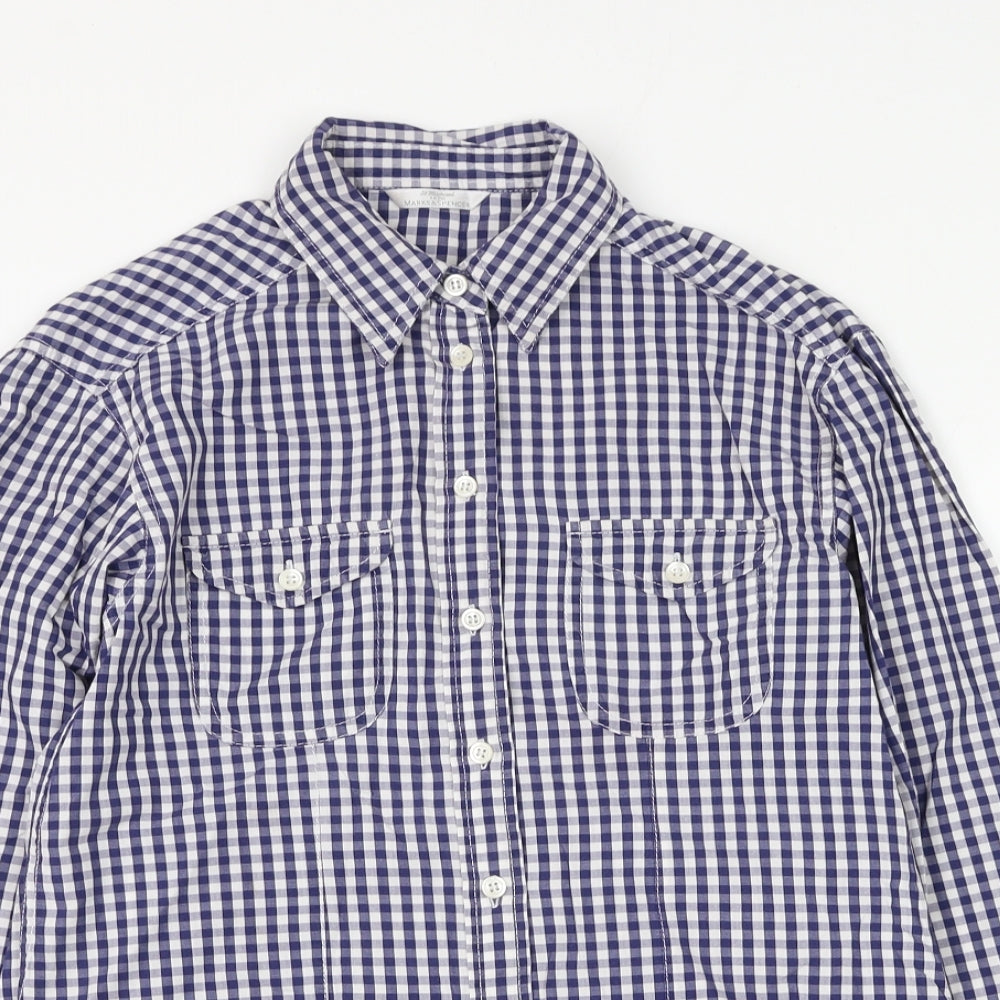 Marks and Spencer Womens Blue Check Cotton Basic Button-Up Size 10 Collared